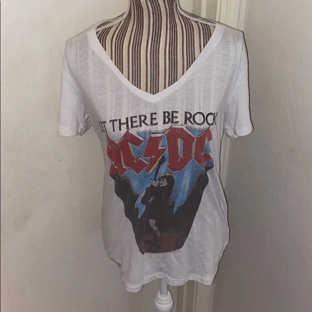 AC/DC White Graphic V-Neck Semi Sheer Shirt Music Band Concert Festival